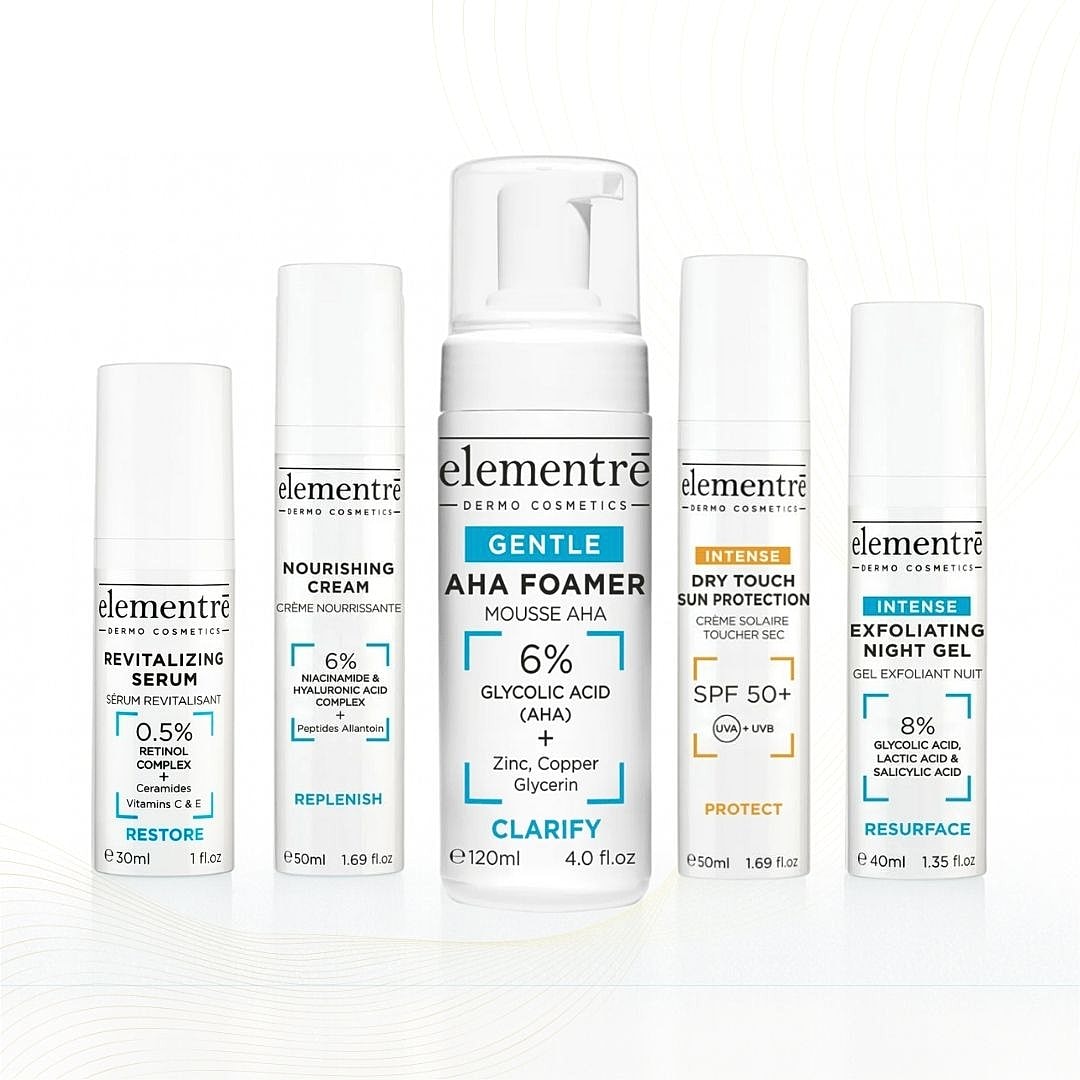 Five skincare products from Elementre Dermo Cosmetics.
