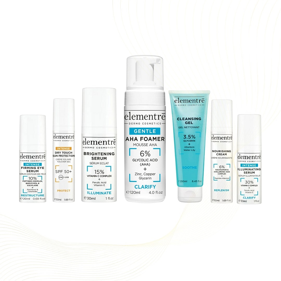 Skincare products from Elementrè Dermo Cosmetics collection.