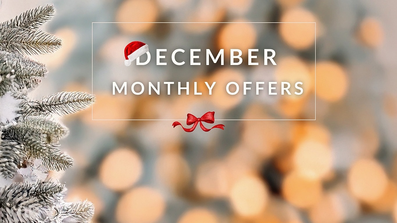 December monthly offers with festive background.